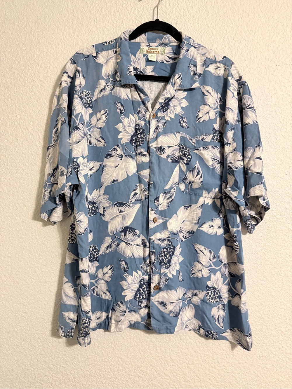 Tommy Bahama Blue and White Floral Silk Hawaiian Shirt